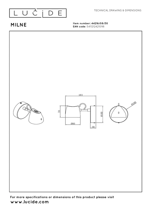 Lucide MILNE - Wandlamp - LED Dimb. - 1x8W 2700K - Zwart - technisch